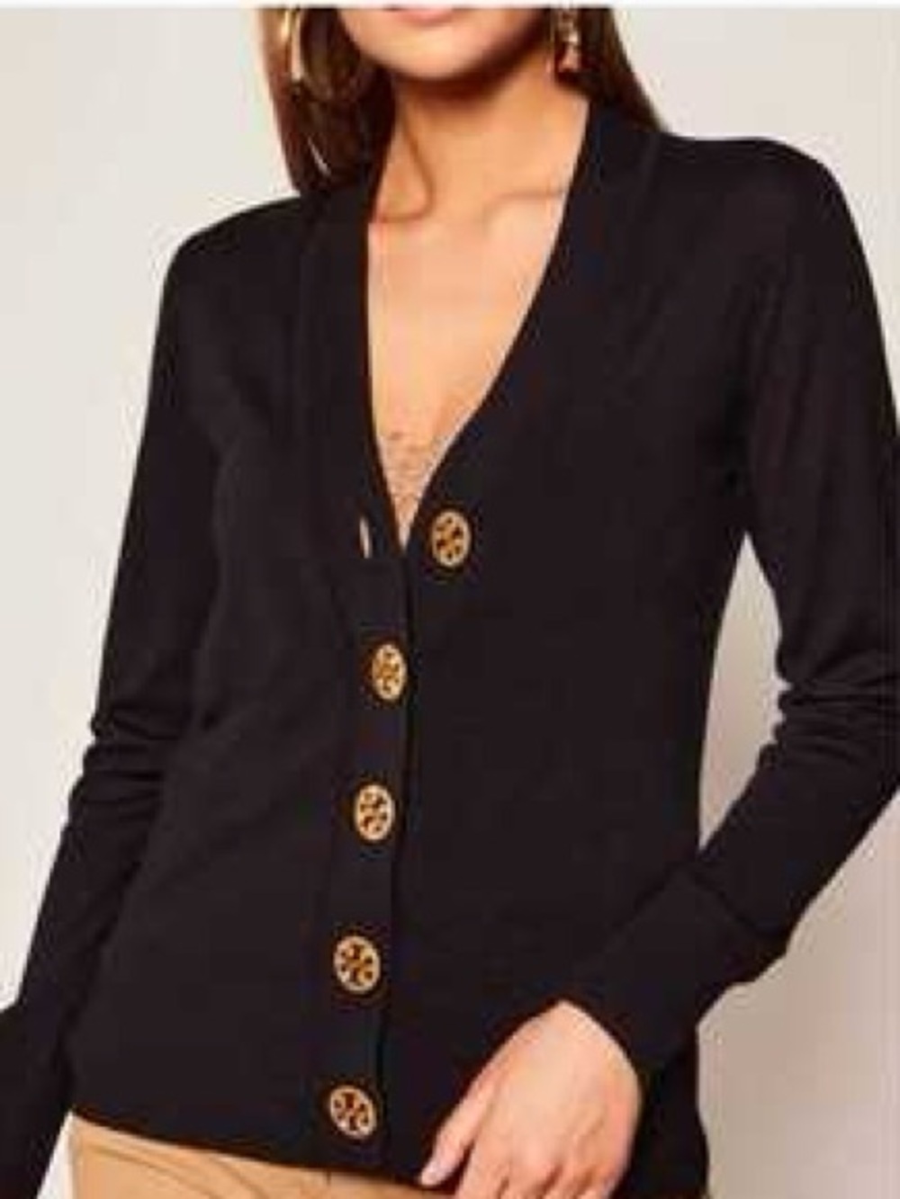 Tory Burch Black V-Neck Cardigan with Logo Buttons